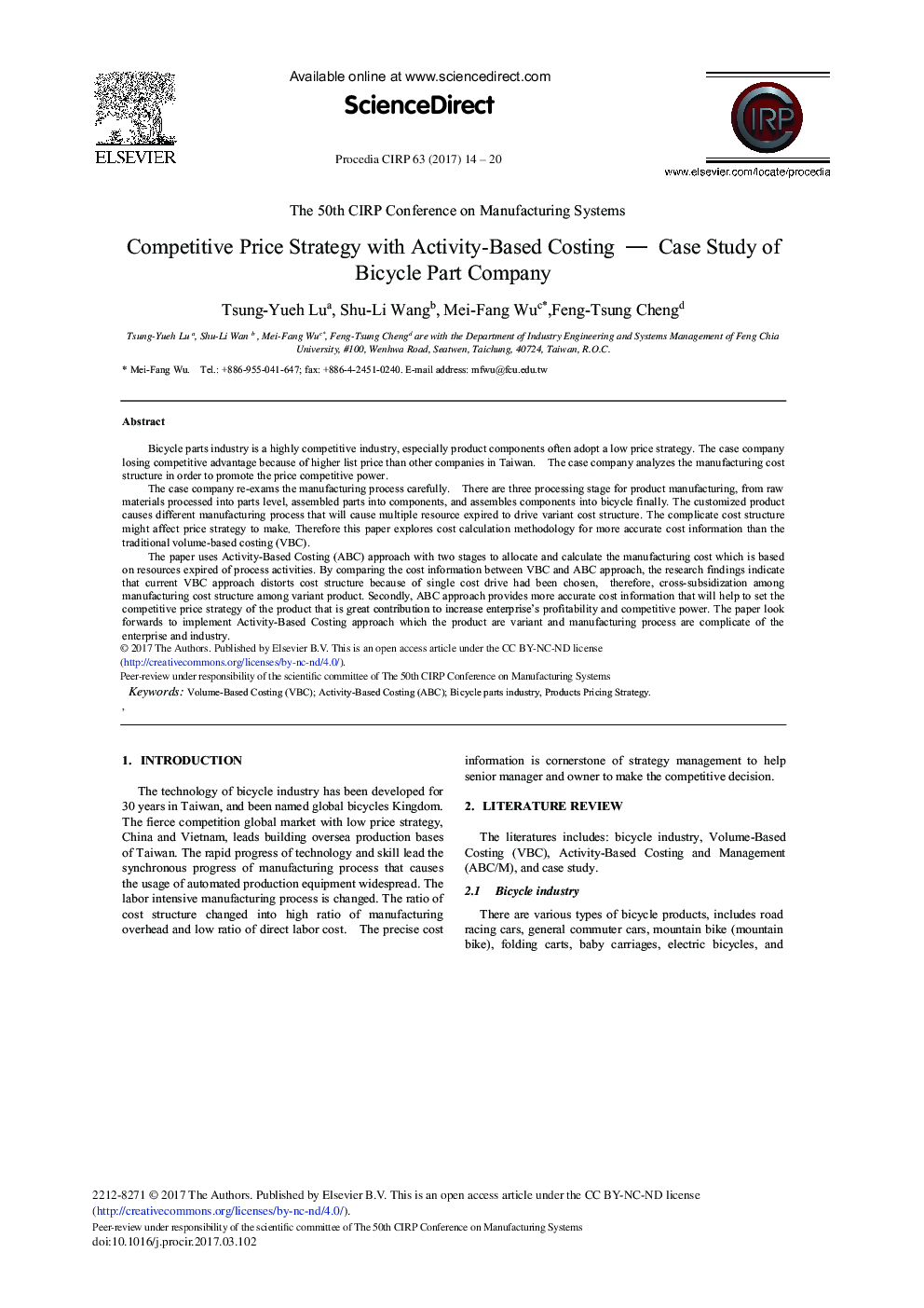 Competitive Price Strategy with Activity-Based Costing - Case Study of Bicycle Part Company