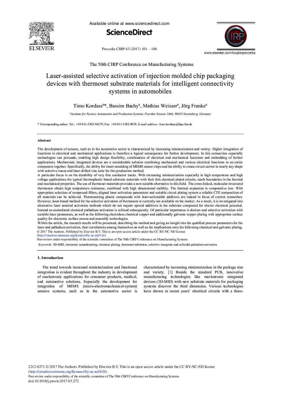 Laser-assisted Selective Activation of Injection Molded Chip Packaging Devices with Thermoset Substrate Materials for Intelligent Connectivity Systems in Automobiles