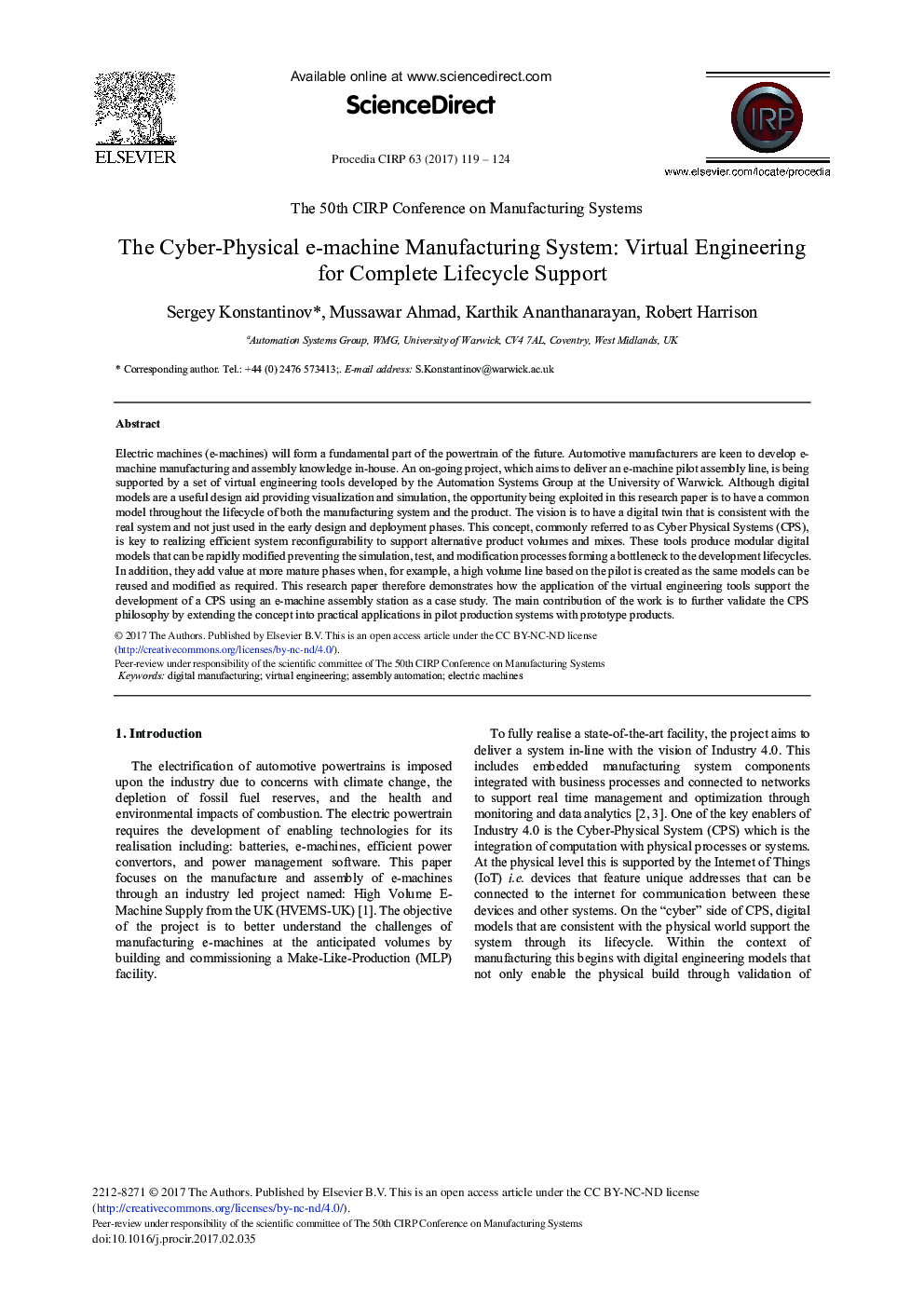 The Cyber-physical E-machine Manufacturing System: Virtual Engineering for Complete Lifecycle Support