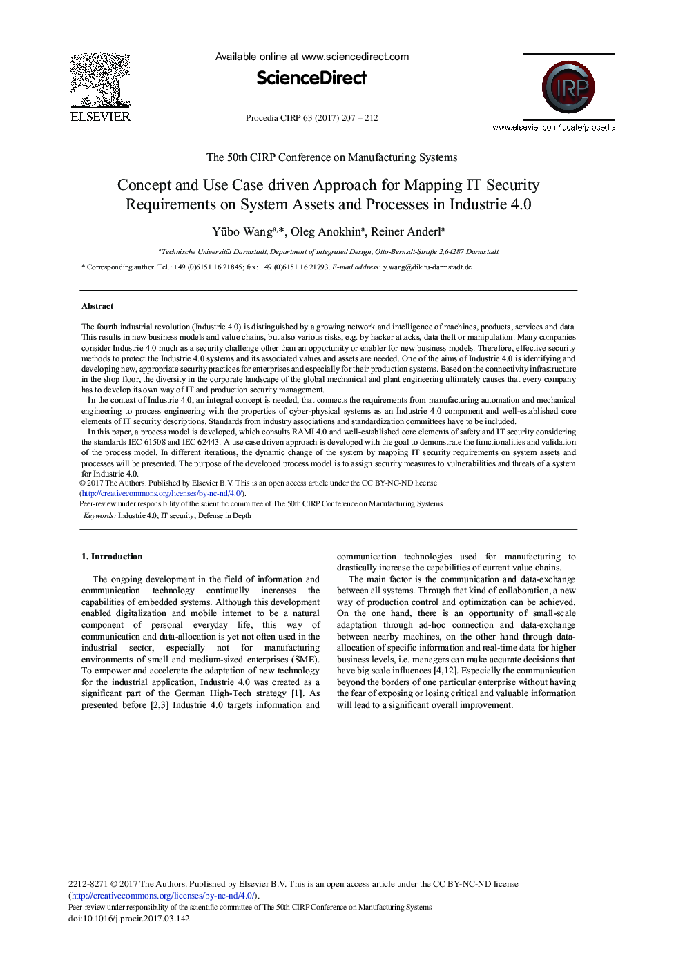 Concept and use Case Driven Approach for Mapping IT Security Requirements on System Assets and Processes in Industrie 4.0