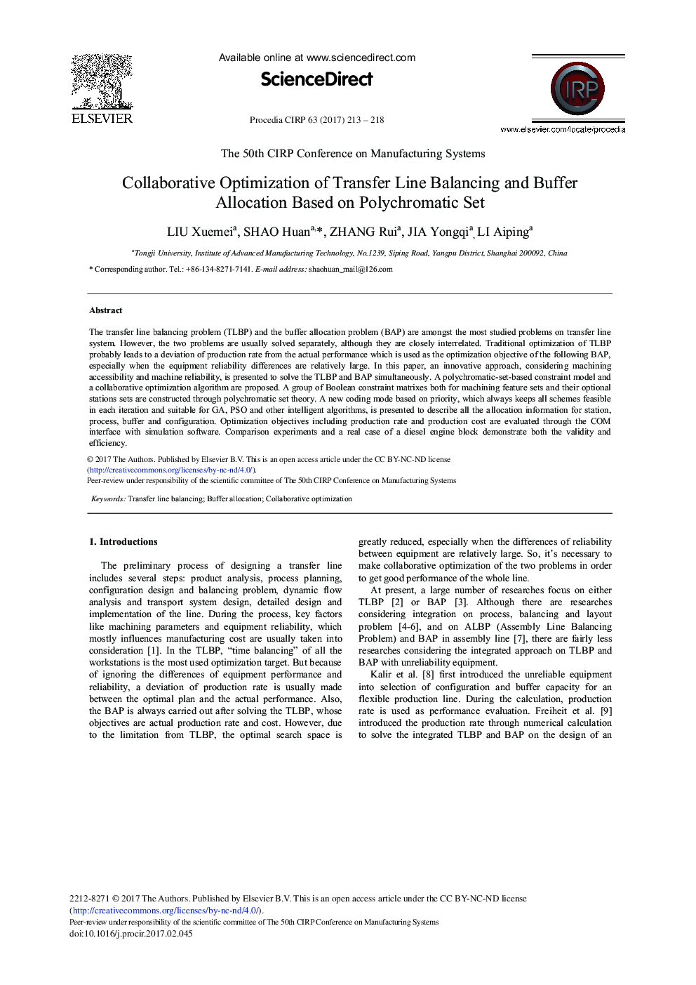 Collaborative Optimization of Transfer Line Balancing and Buffer Allocation Based on Polychromatic Set