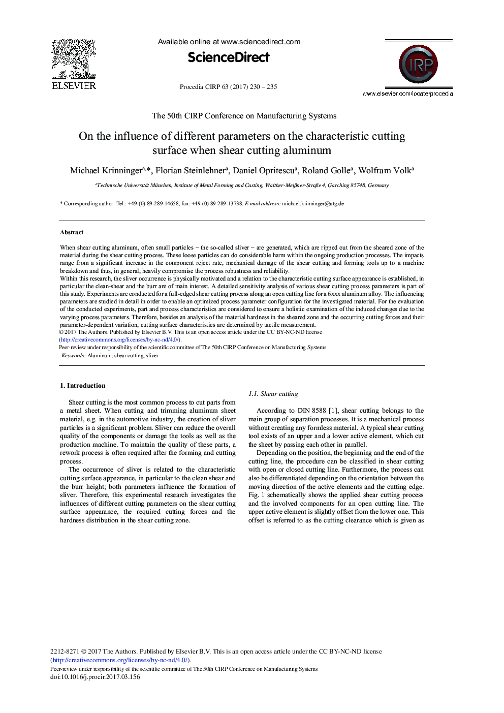 On the Influence of Different Parameters on the Characteristic Cutting Surface when Shear Cutting Aluminum