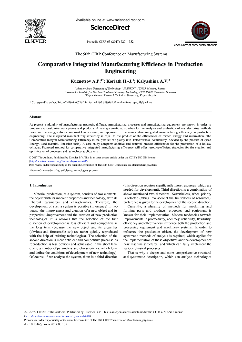 Comparative Integrated Manufacturing Efficiency in Production Engineering