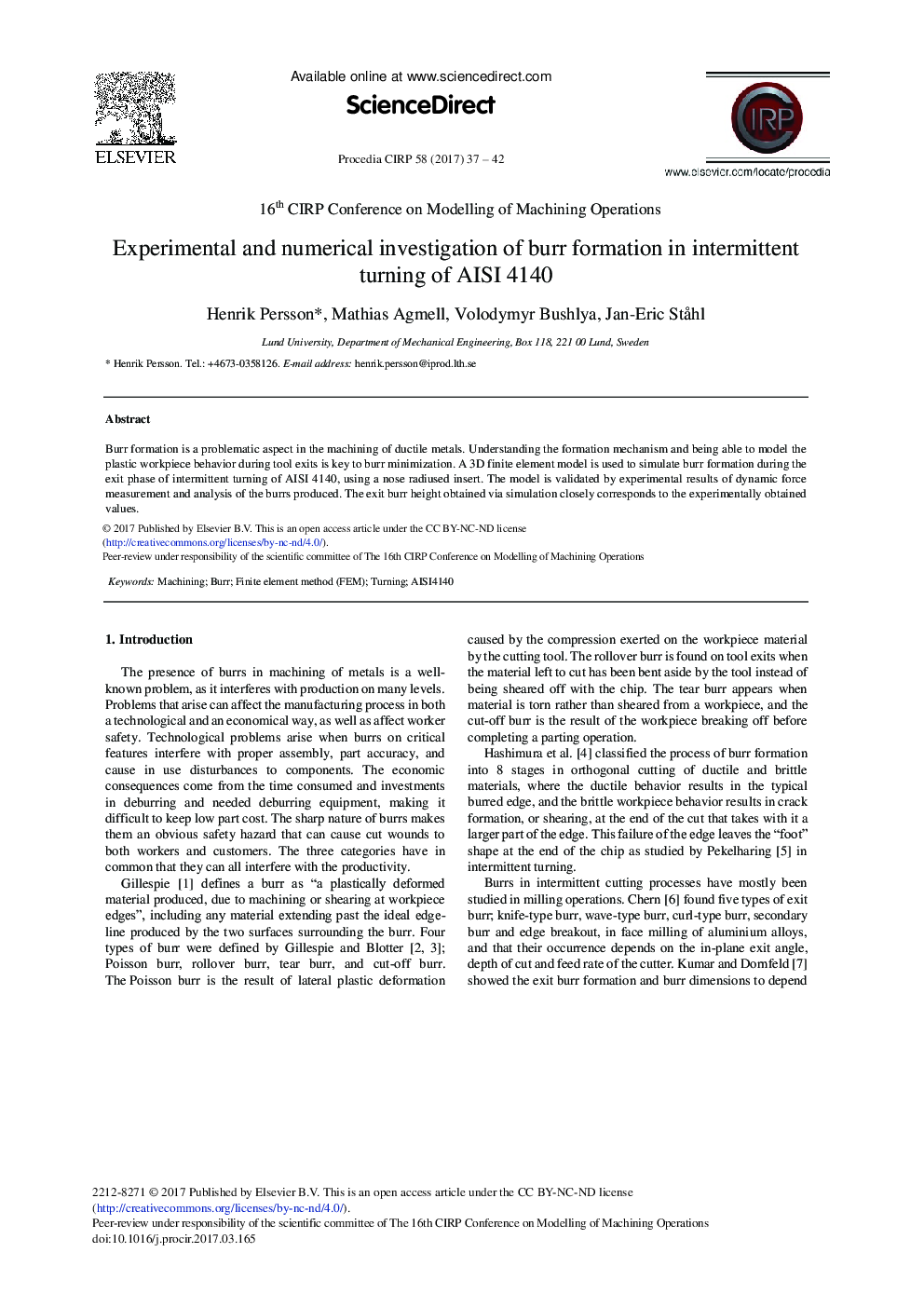 Experimental and Numerical Investigation of Burr Formation in Intermittent Turning of AISI 4140