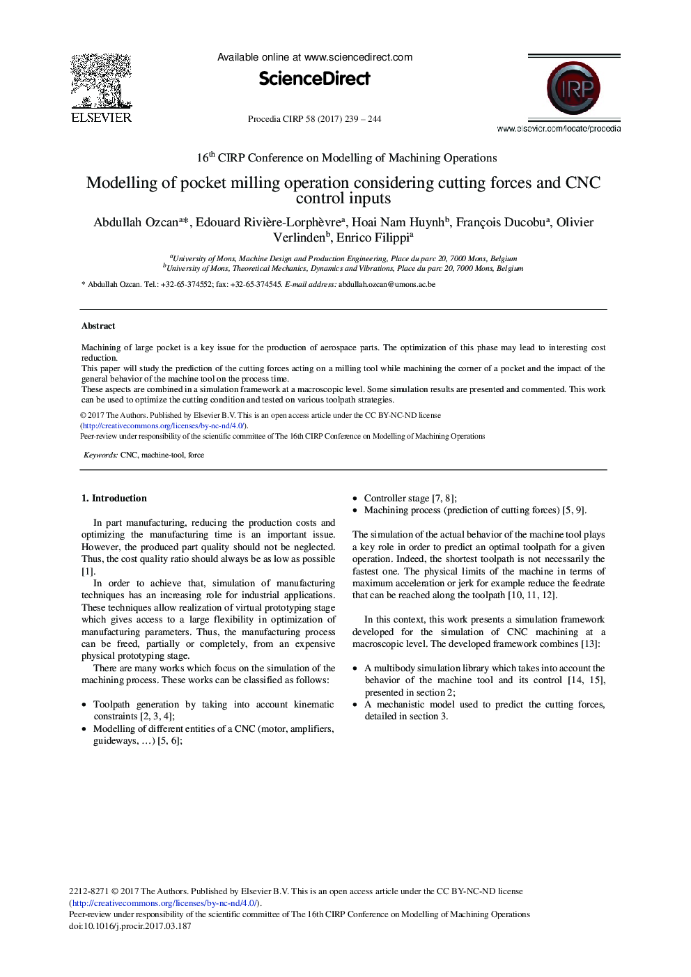 Modelling of Pocket Milling Operation Considering Cutting Forces and CNC Control Inputs