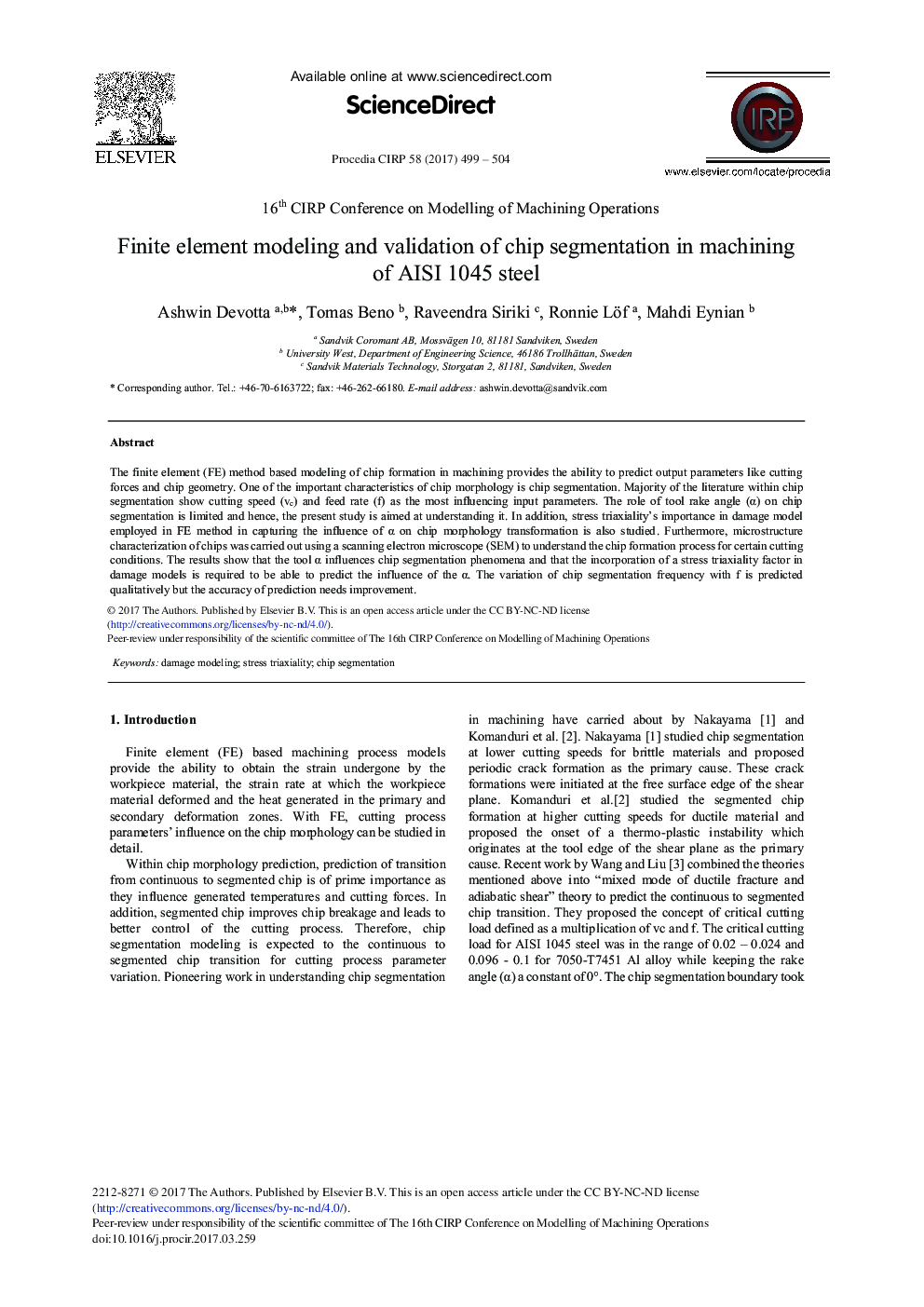 Finite Element Modeling and Validation of Chip Segmentation in Machining of AISI 1045 Steel