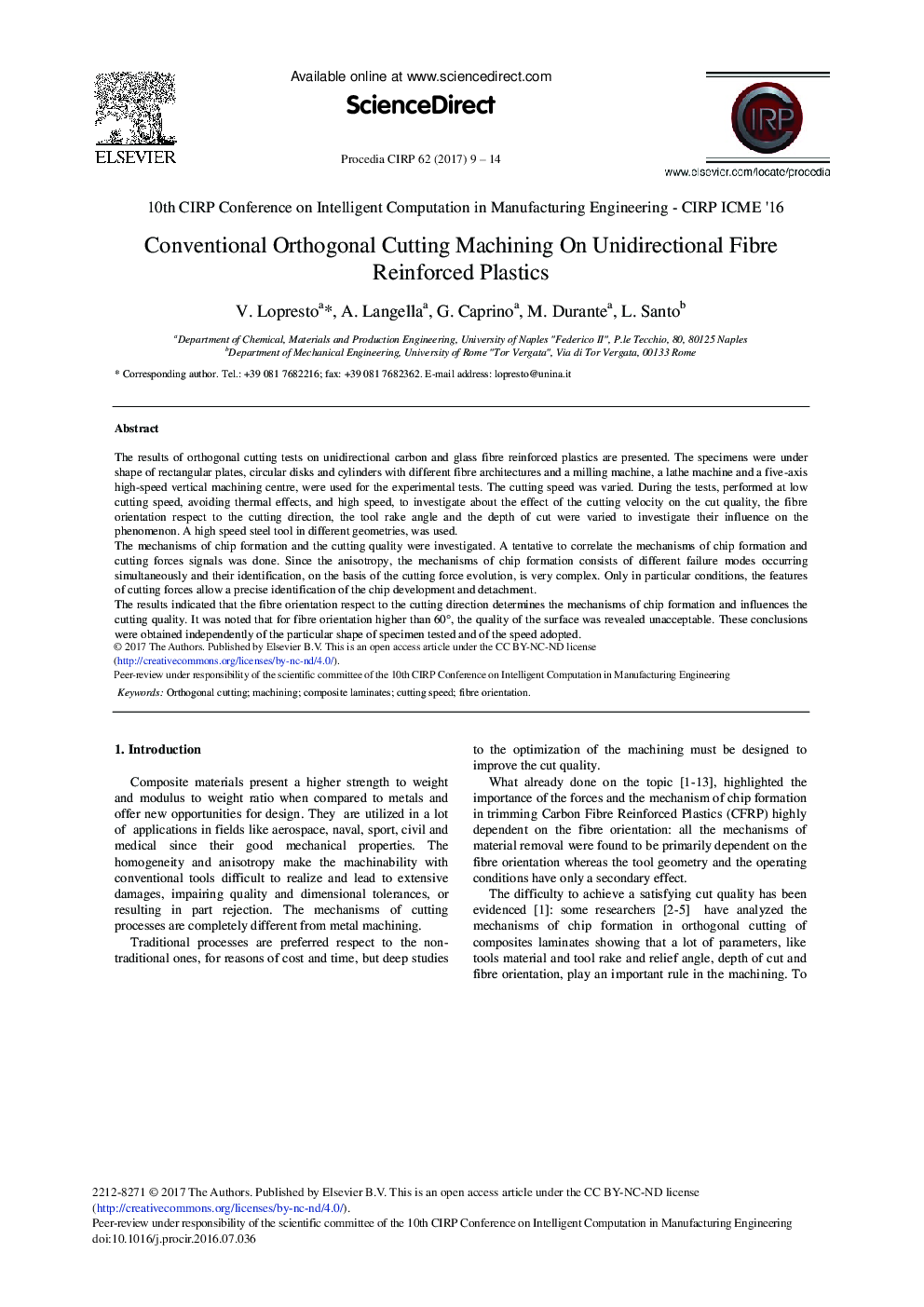 Conventional Orthogonal Cutting Machining on Unidirectional Fibre Reinforced Plastics