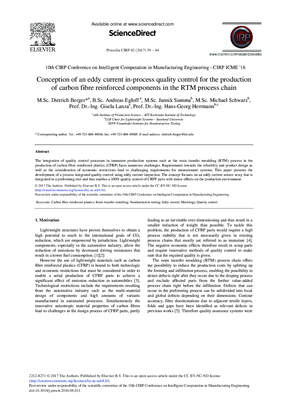 Conception of an Eddy Current In-process Quality Control for the Production of Carbon Fibre Reinforced Components in the RTM Process Chain