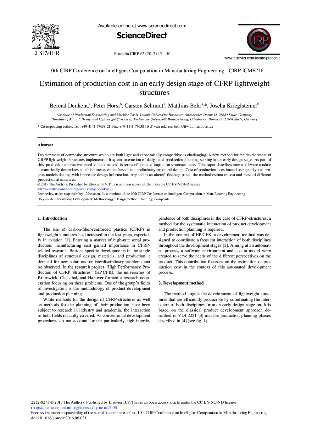 Estimation of Production Cost in an Early Design Stage of CFRP Lightweight Structures