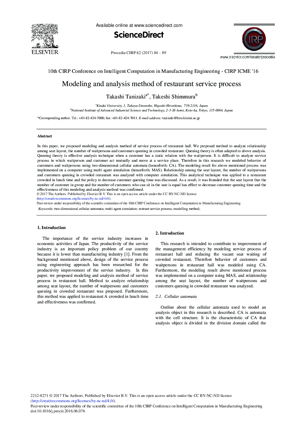 Modeling and Analysis Method of Restaurant Service Process