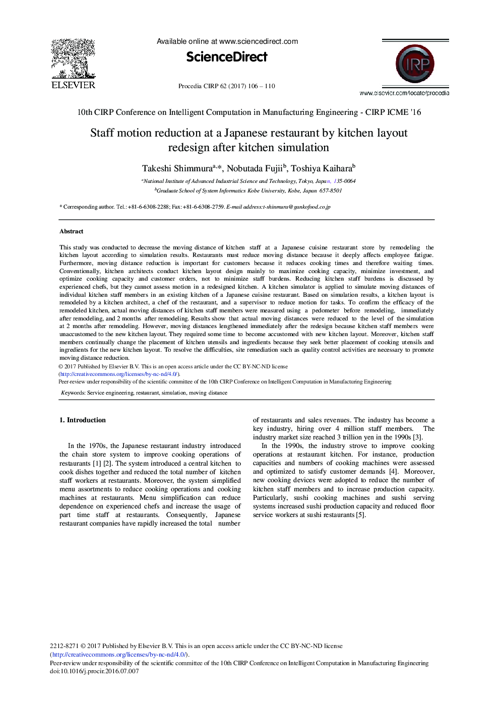 Staff Motion Reduction at a Japanese Restaurant by Kitchen Layout Redesign after Kitchen Simulation