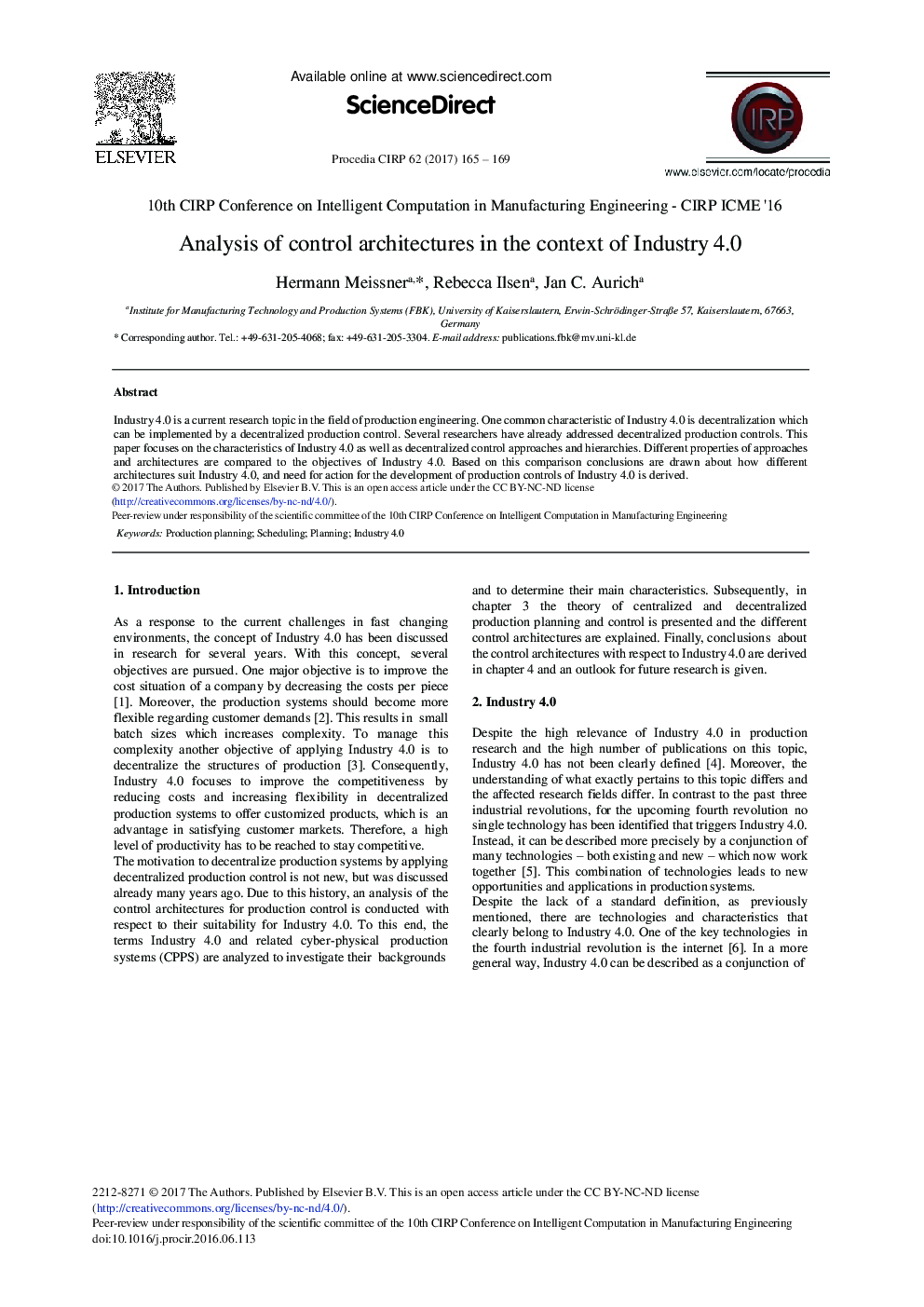 Analysis of Control Architectures in the Context of Industry 4.0