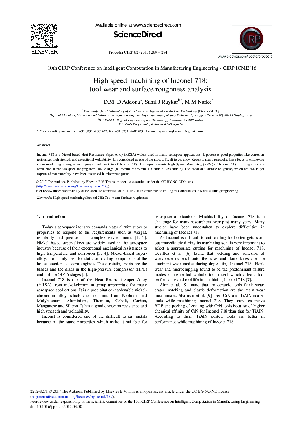 High Speed Machining of Inconel 718: Tool Wear and Surface Roughness Analysis