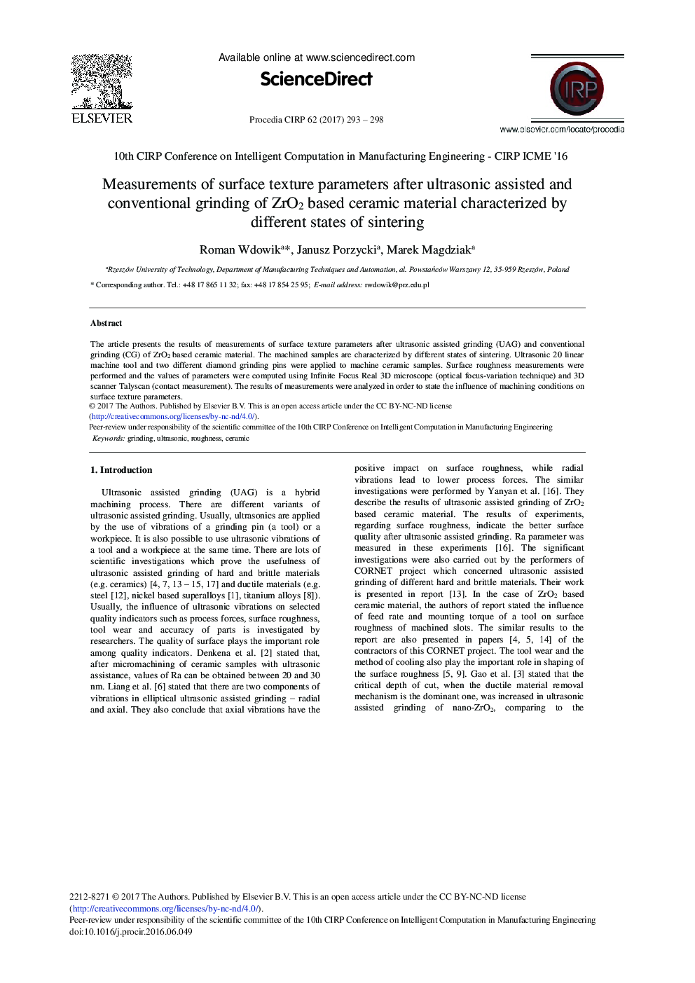 Measurements of Surface Texture Parameters After Ultrasonic Assisted and Conventional Grinding of ZrO2 Based Ceramic Material Characterized by Different States of Sintering