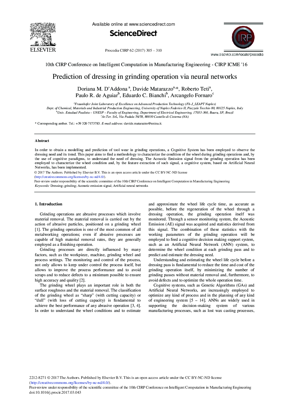 Prediction of Dressing in Grinding Operation via Neural Networks