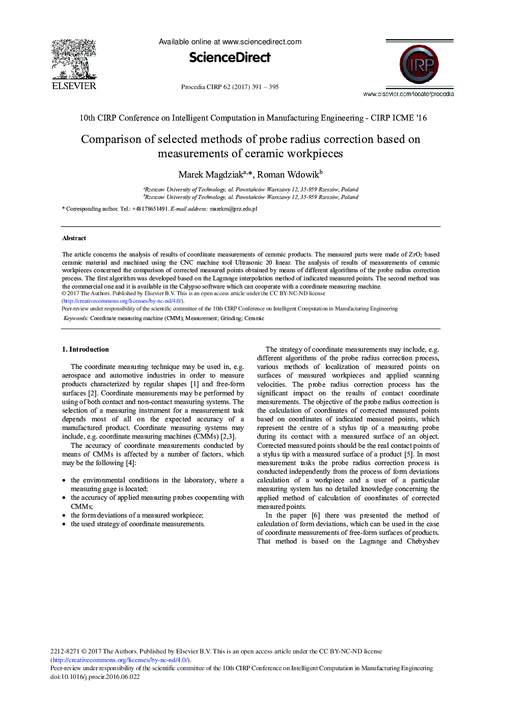 Comparison of Selected Methods of Probe Radius Correction Based on Measurements of Ceramic Workpieces