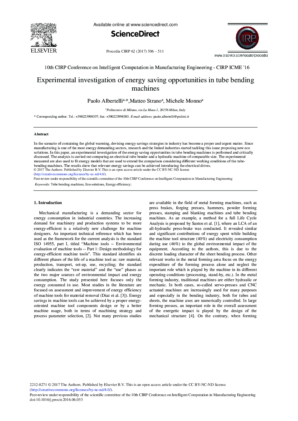 Experimental Investigation of Energy Saving Opportunities in Tube Bending Machines