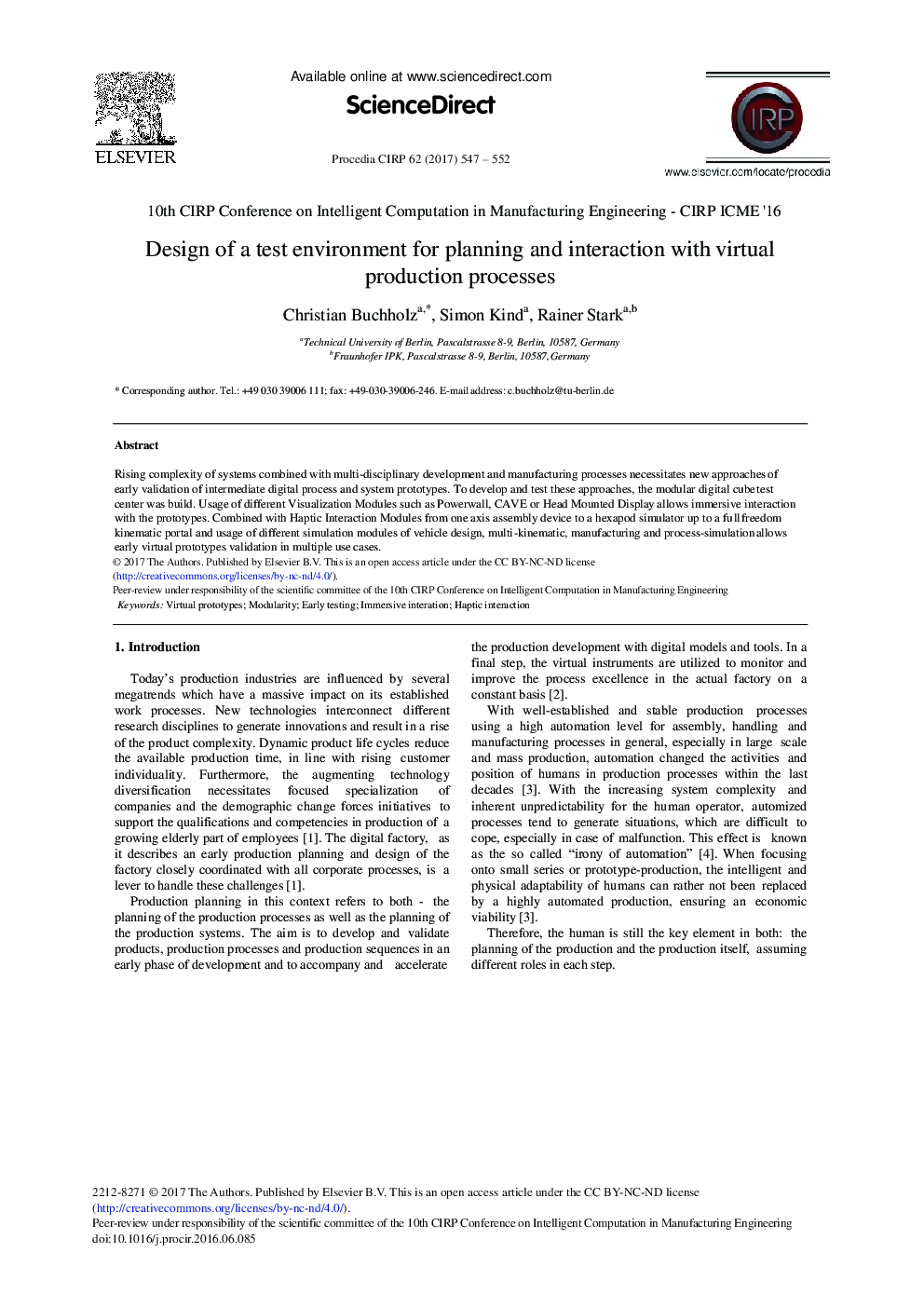 Design of a Test Environment for Planning and Interaction with Virtual Production Processes