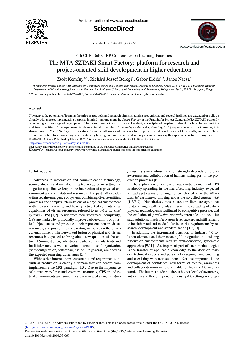 The MTA SZTAKI Smart Factory: Platform for Research and Project-oriented Skill Development in Higher Education
