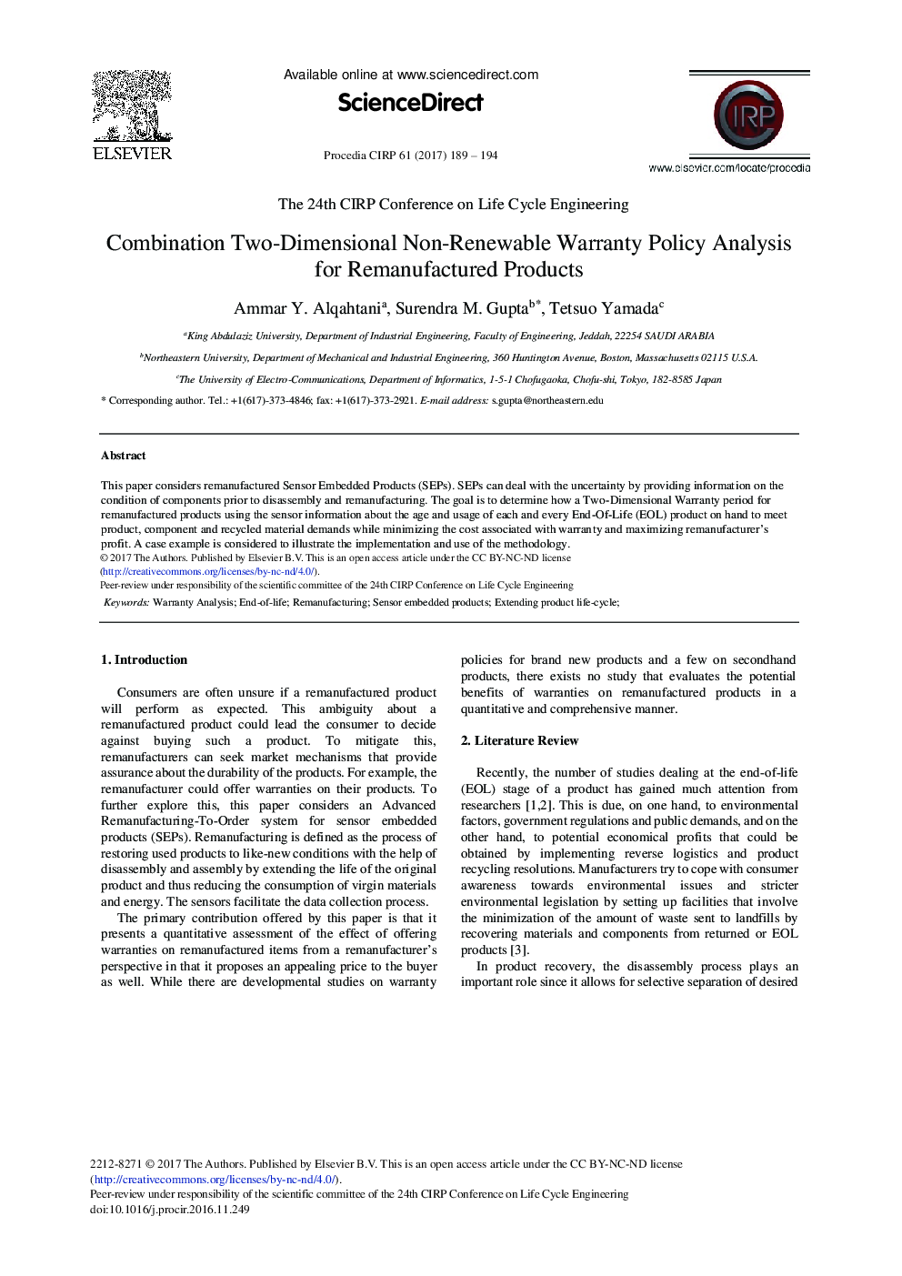 Combined Two-dimensional Non-renewable Warranty Policy Analysis for Remanufactured Products