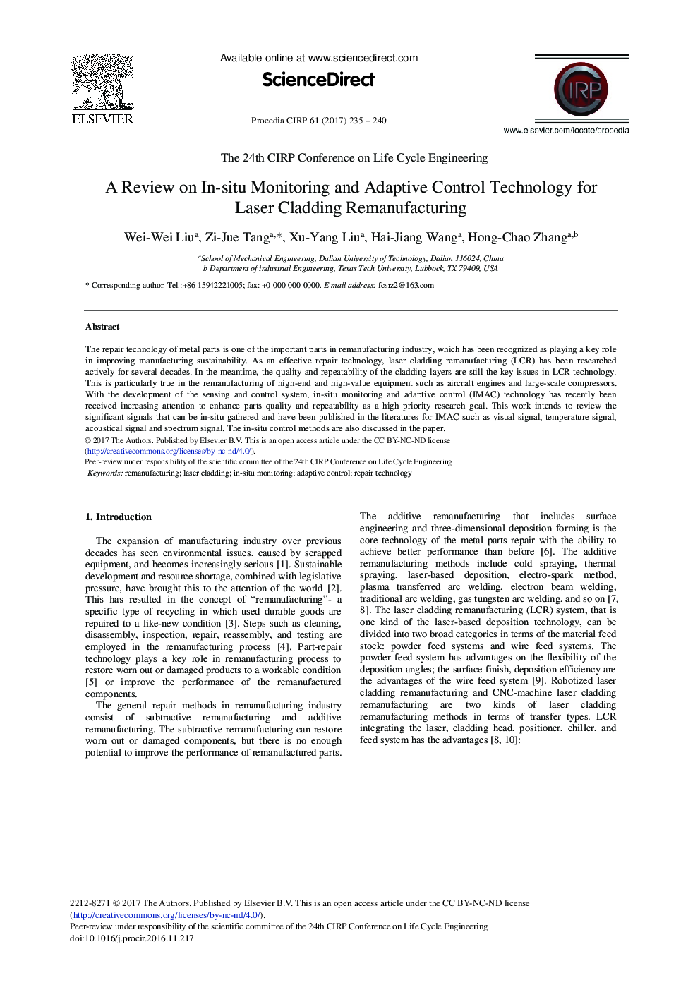 A Review on In-situ Monitoring and Adaptive Control Technology for Laser Cladding Remanufacturing