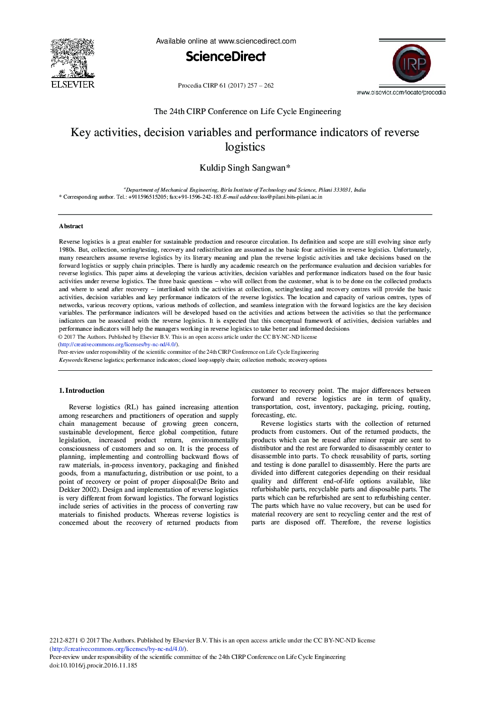 Key Activities, Decision Variables and Performance Indicators of Reverse Logistics