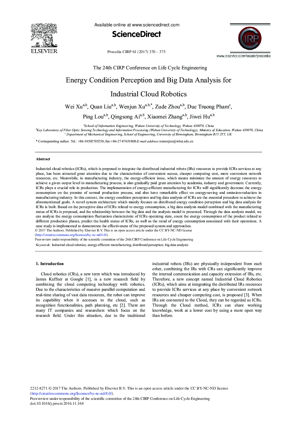 Energy Condition Perception and Big Data Analysis for Industrial Cloud Robotics