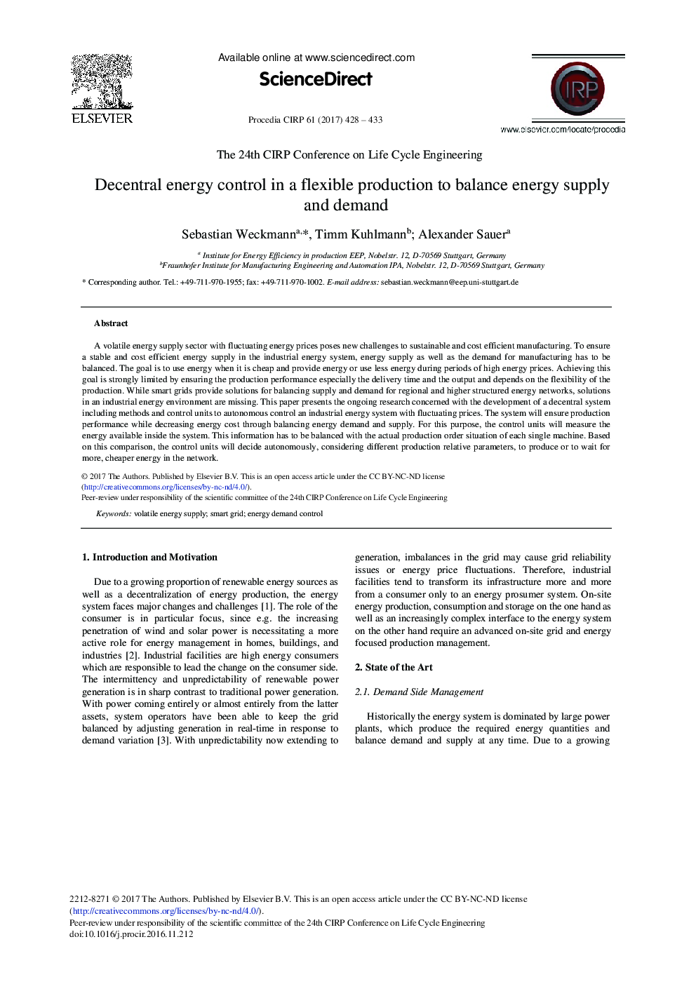 Decentral Energy Control in a Flexible Production to Balance Energy Supply and Demand
