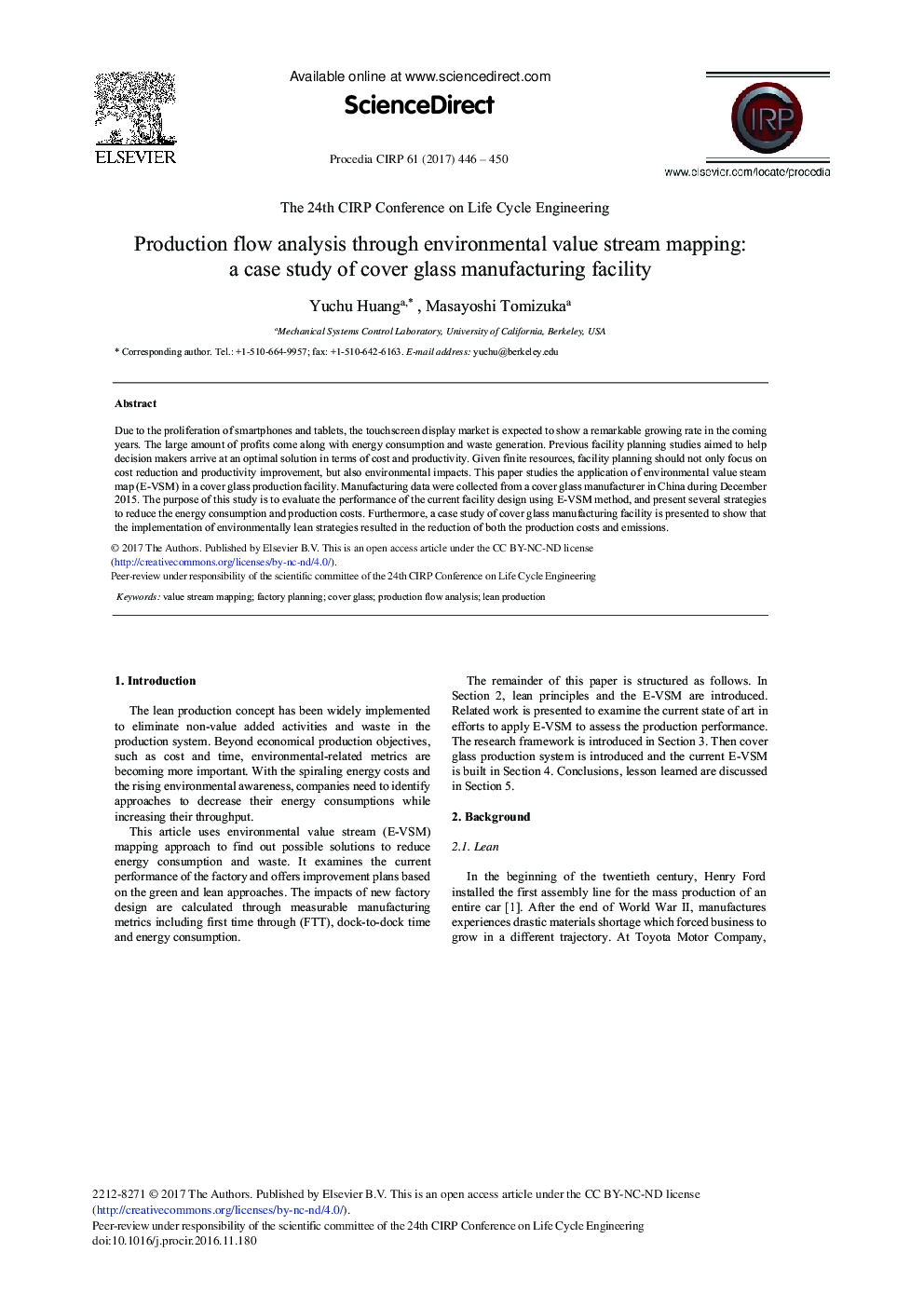 Production Flow Analysis through Environmental Value Stream Mapping: A Case Study of Cover Glass Manufacturing Facility