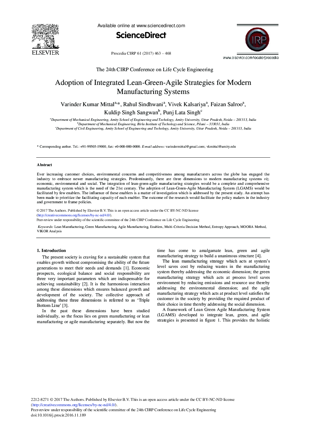 Adoption of Integrated Lean-Green-Agile Strategies for Modern Manufacturing Systems