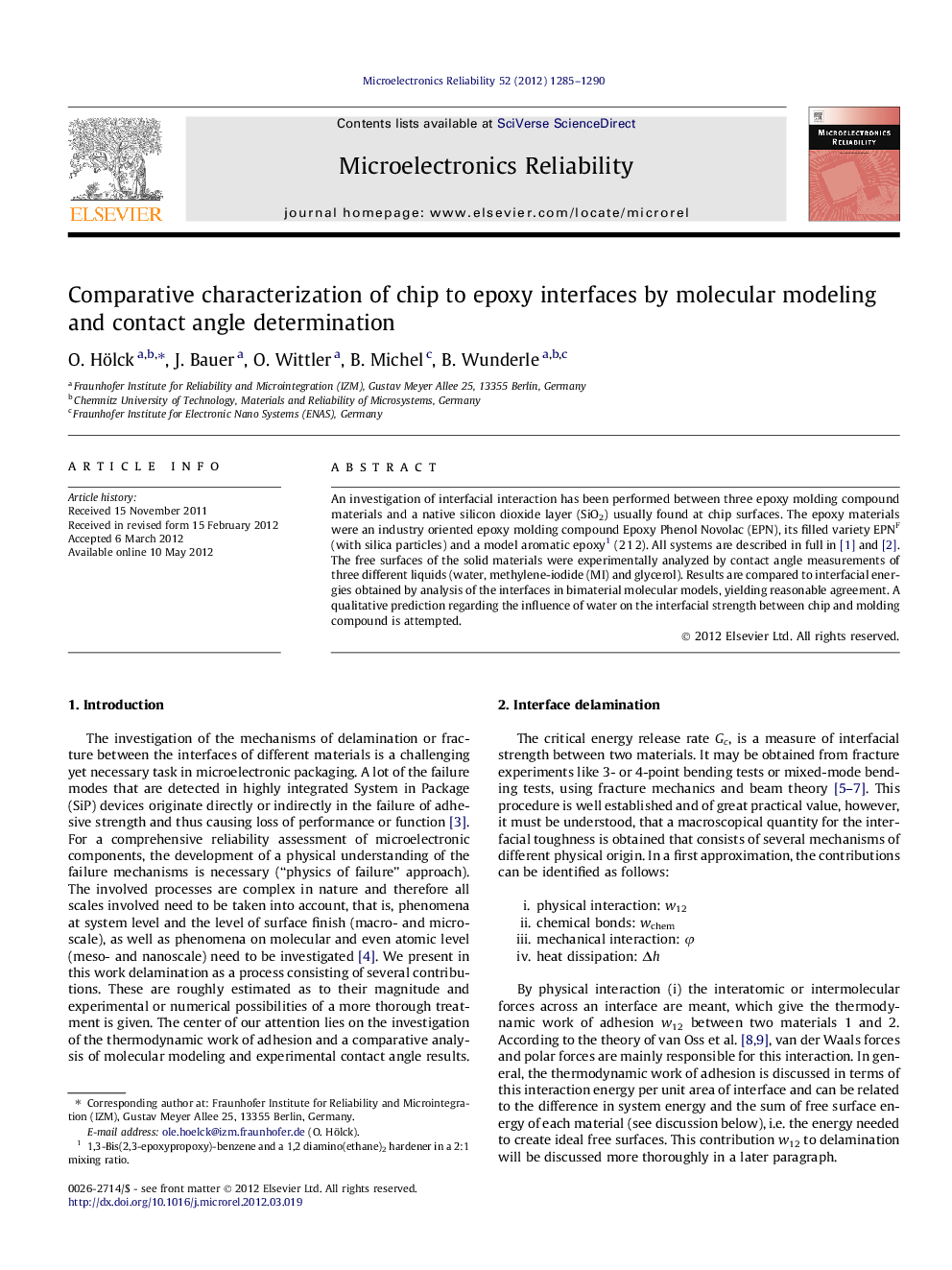 Comparative characterization of chip to epoxy interfaces by molecular modeling and contact angle determination