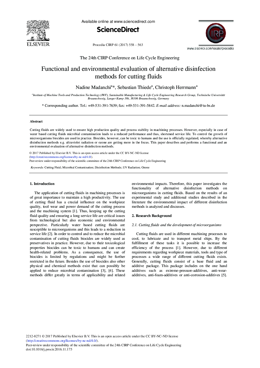 Functional and Environmental Evaluation of Alternative Disinfection Methods for Cutting Fluids