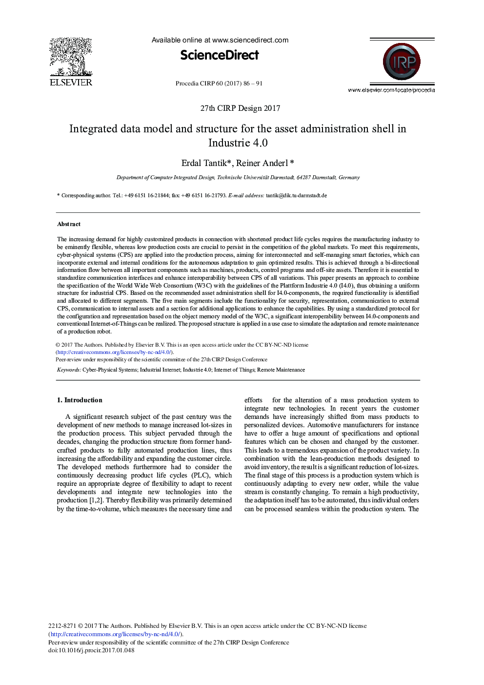 Integrated Data Model and Structure for the Asset Administration Shell in Industrie 4.0