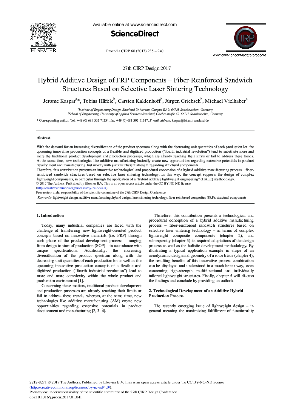 Hybrid Additive Design of FRP Components - Fiber-Reinforced Sandwich Structures Based on Selective Laser Sintering Technology