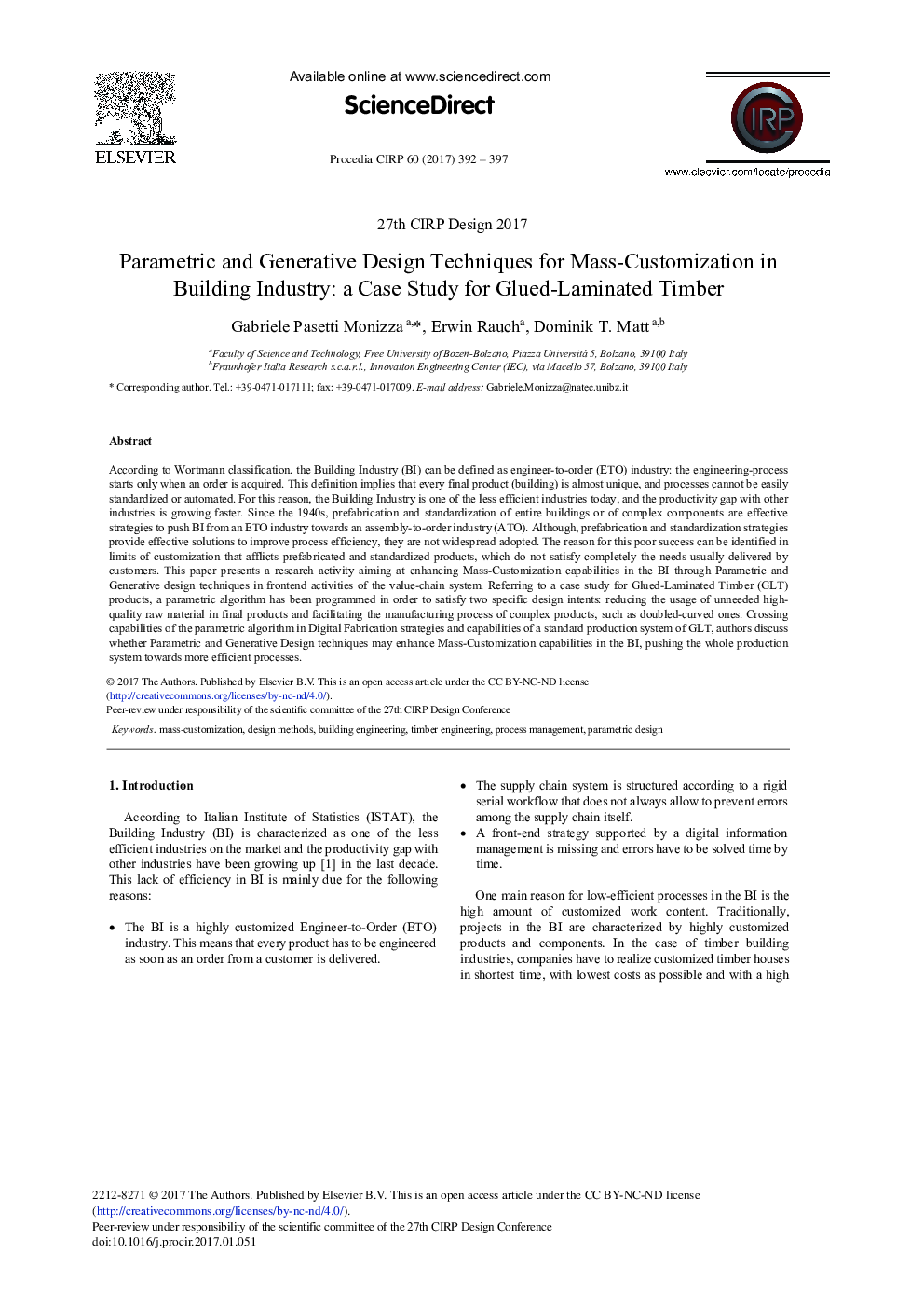 Parametric and Generative Design Techniques for Mass-Customization in Building Industry: A Case Study for Glued-Laminated Timber