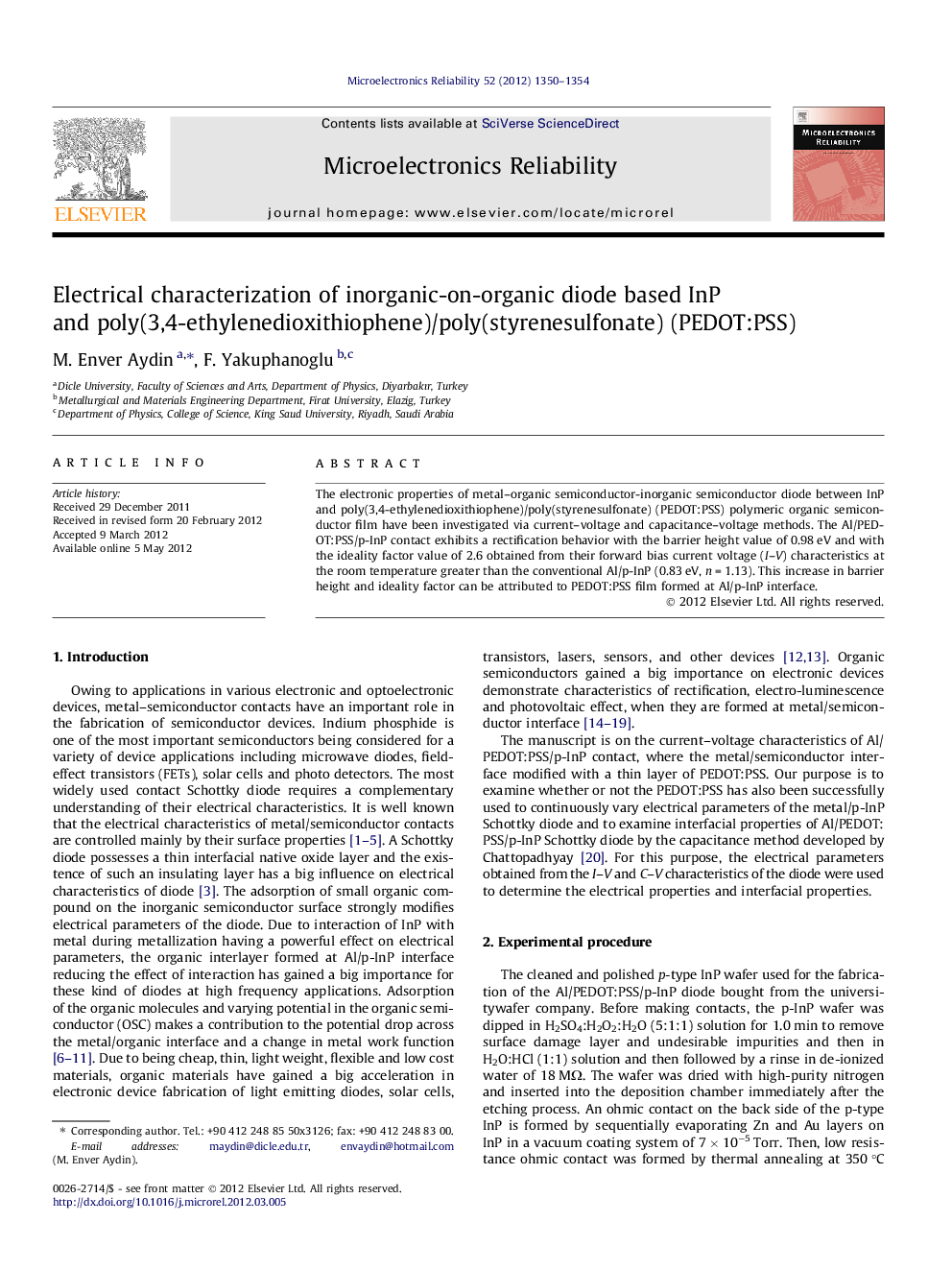 Electrical characterization of inorganic-on-organic diode based InP and poly(3,4-ethylenedioxithiophene)/poly(styrenesulfonate) (PEDOT:PSS)