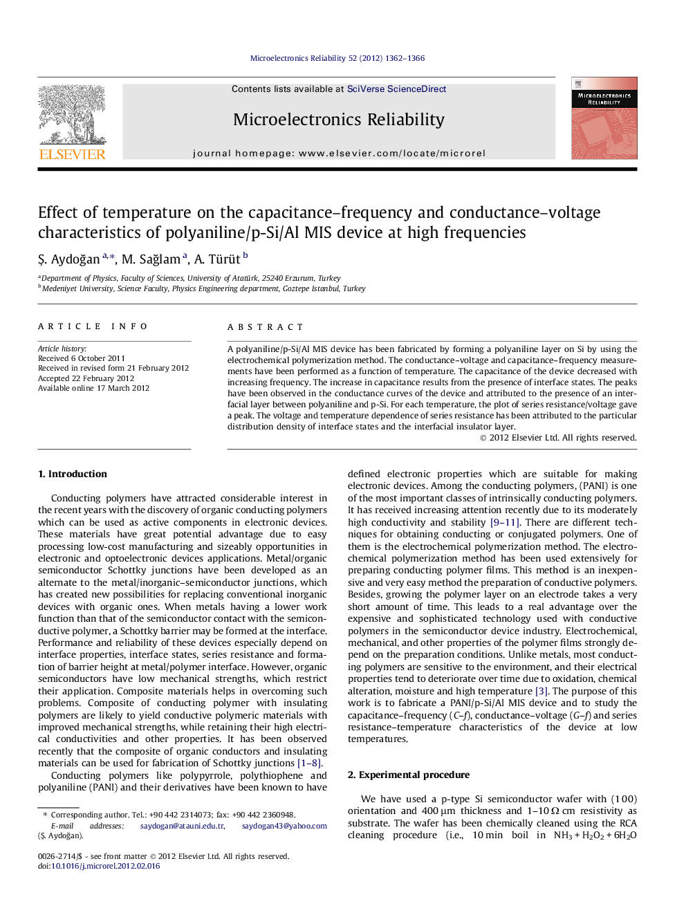 Effect of temperature on the capacitance–frequency and conductance–voltage characteristics of polyaniline/p-Si/Al MIS device at high frequencies