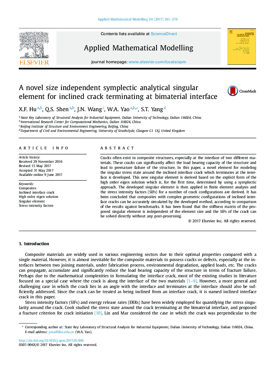 A novel size independent symplectic analytical singular element for inclined crack terminating at bimaterial interface