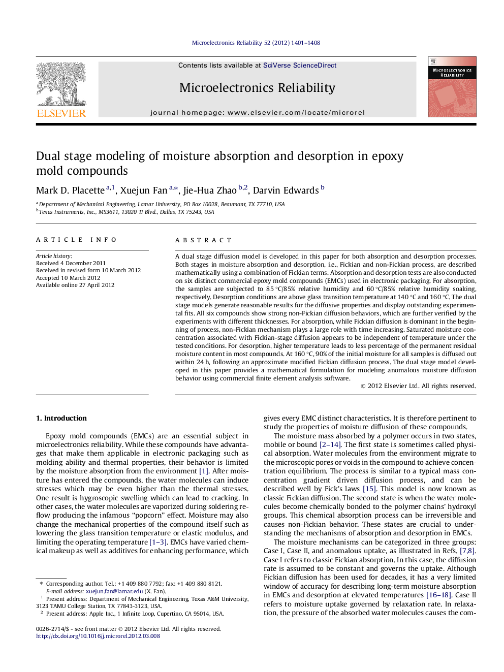 Dual stage modeling of moisture absorption and desorption in epoxy mold compounds