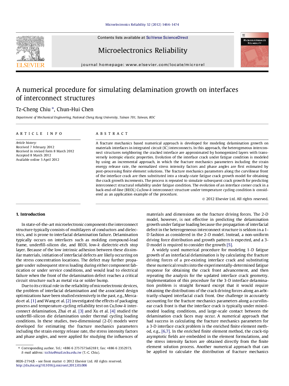 A numerical procedure for simulating delamination growth on interfaces of interconnect structures