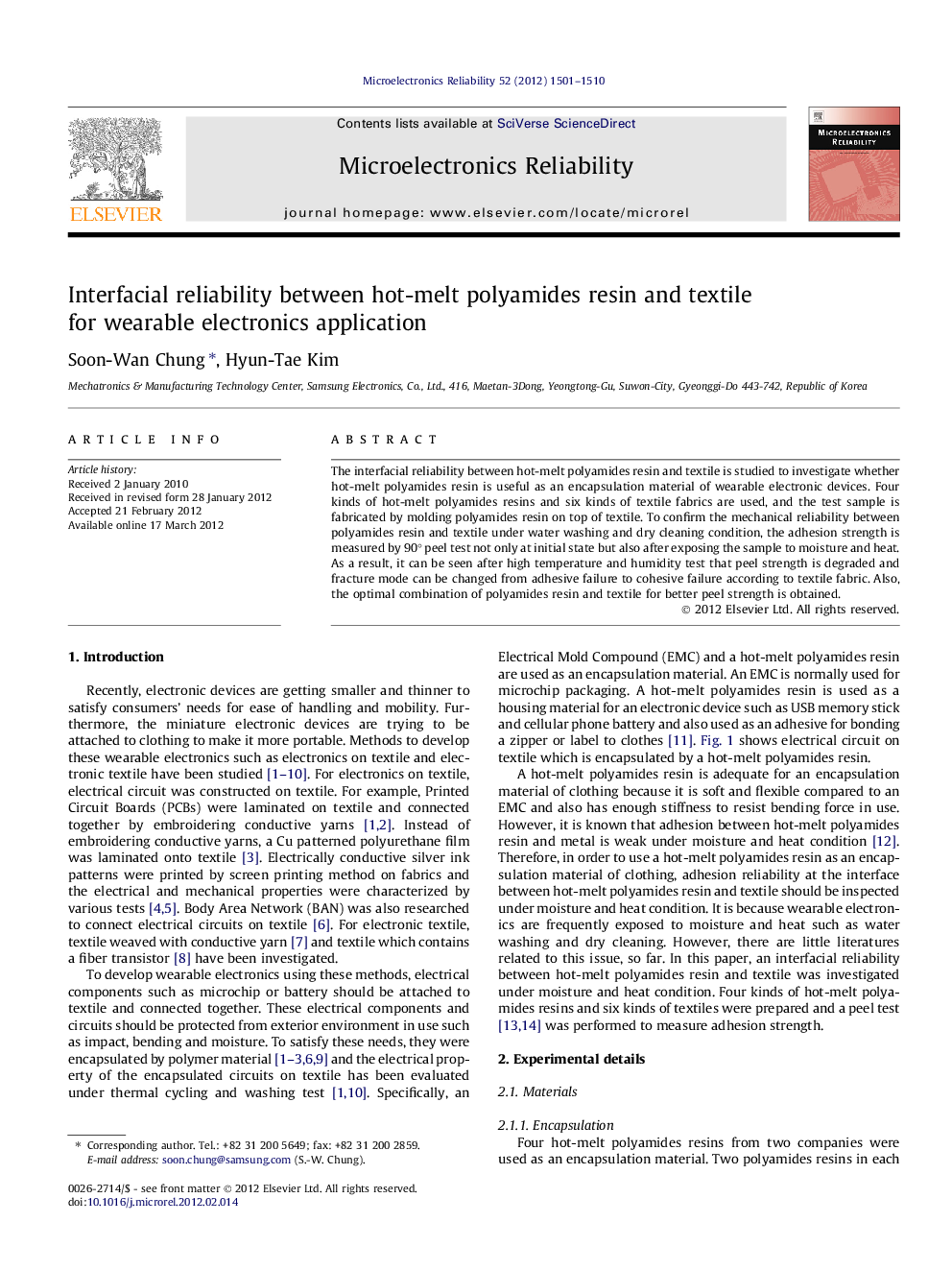 Interfacial reliability between hot-melt polyamides resin and textile for wearable electronics application