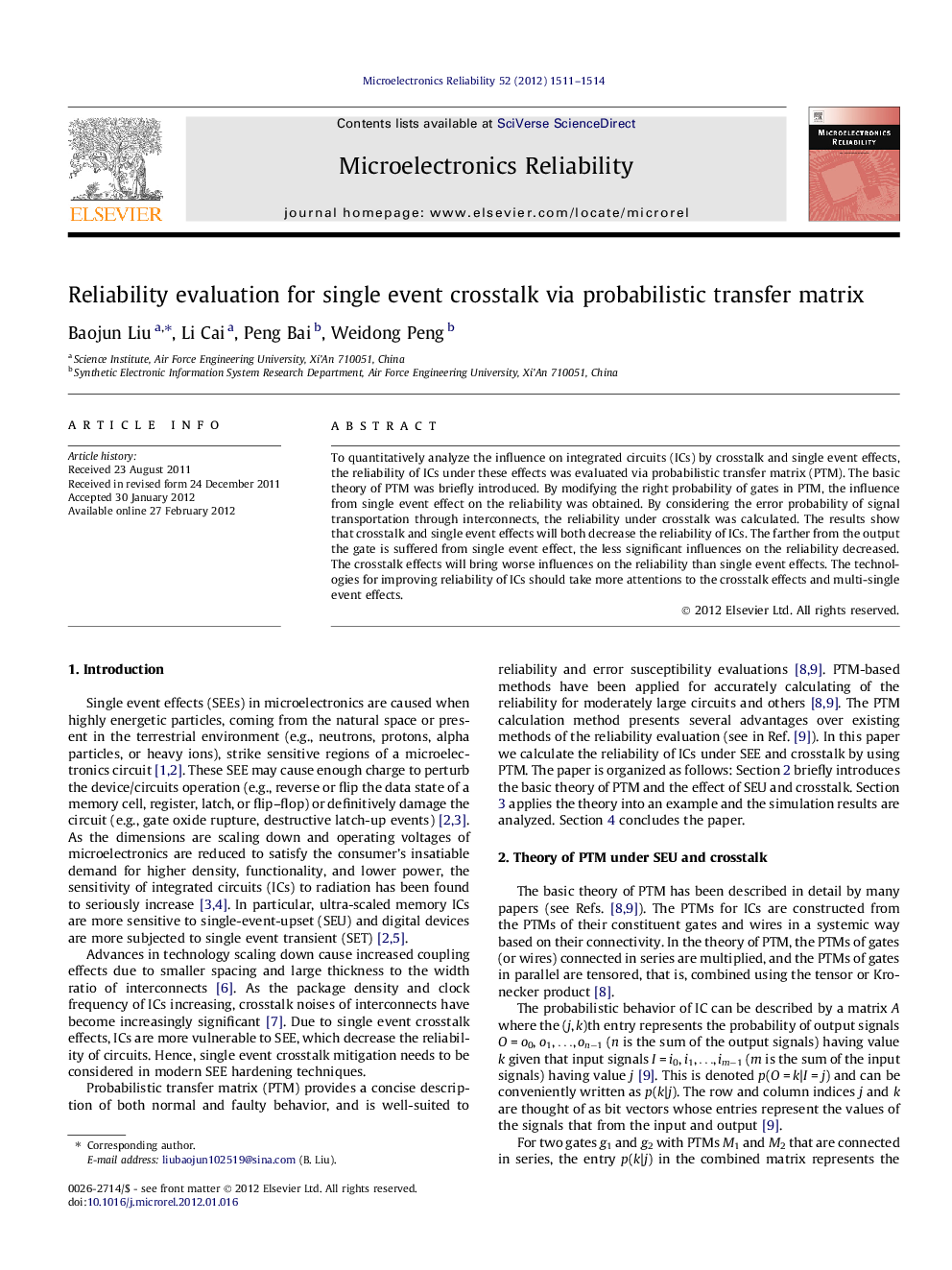 Reliability evaluation for single event crosstalk via probabilistic transfer matrix