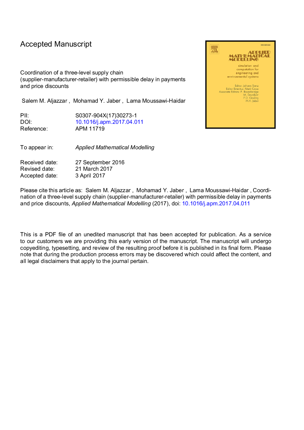 Coordination of a three-level supply chain (supplier-manufacturer-retailer) with permissible delay in payments and price discounts