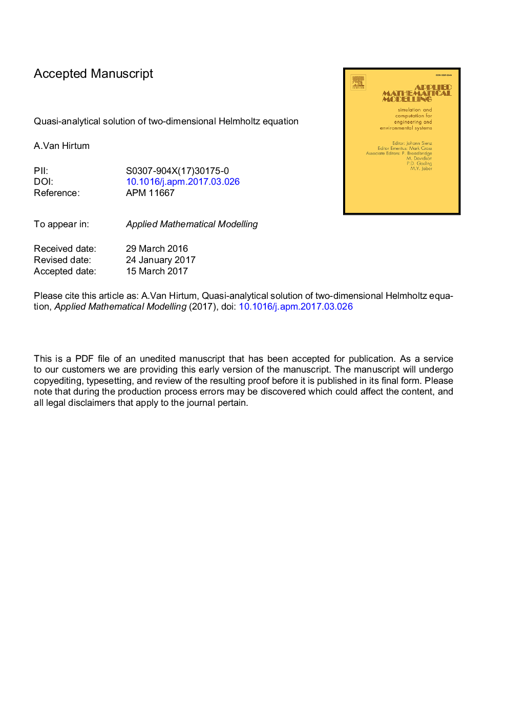 عکس صفحه اول مقاله: Quasi-analytical solution of two-dimensional Helmholtz equation Quasi-analytical solution of two-dimensional Helmholtz equation