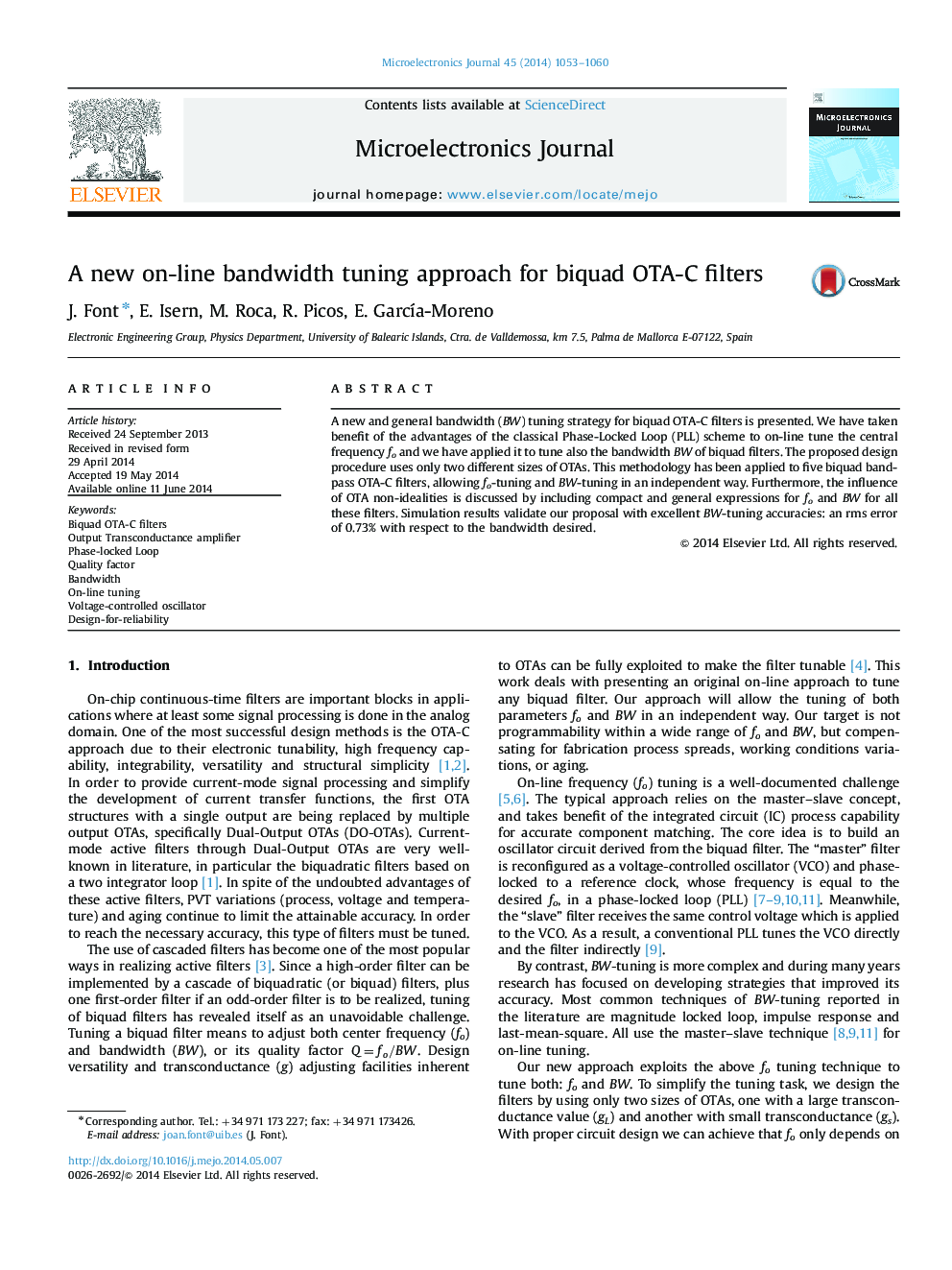 A new on-line bandwidth tuning approach for biquad OTA-C filters