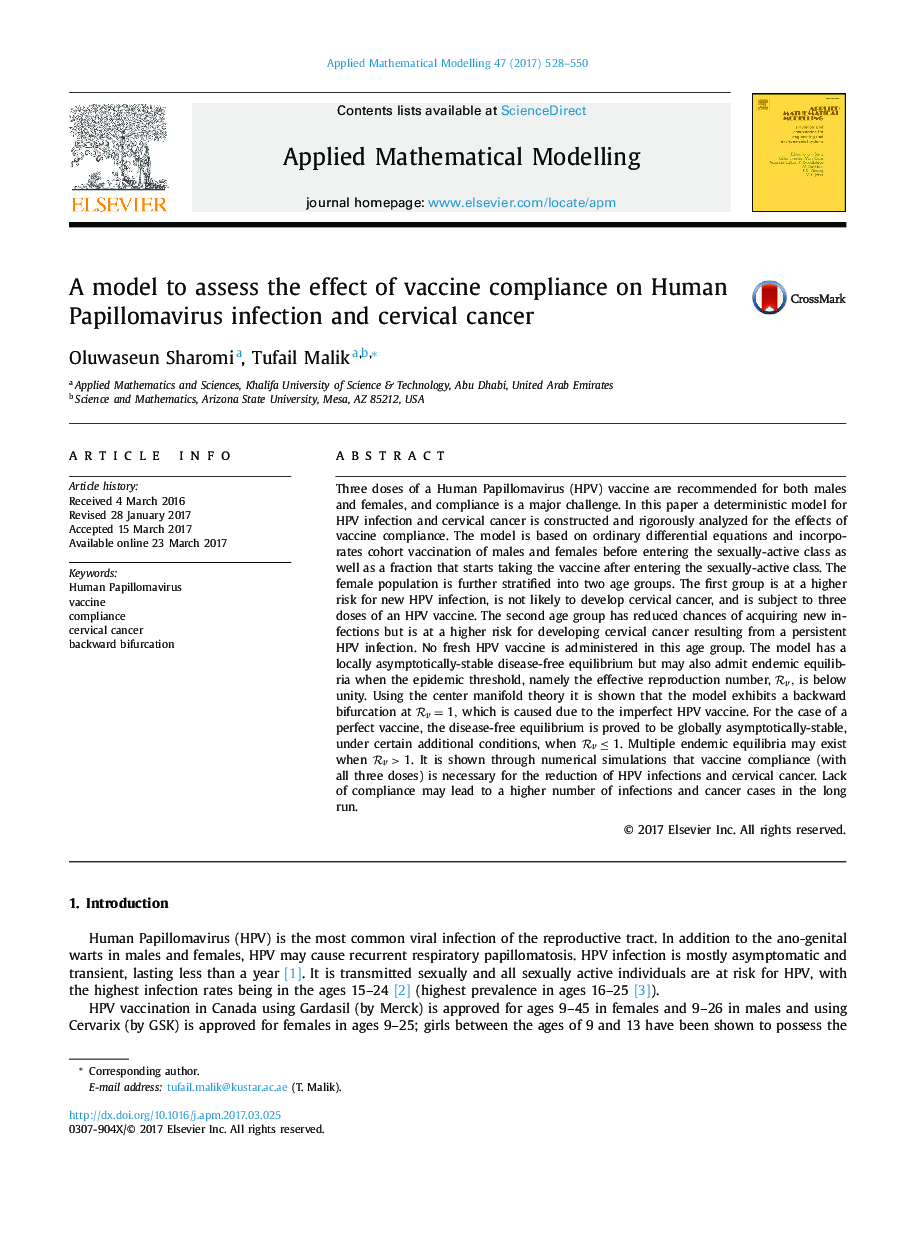 A model to assess the effect of vaccine compliance on Human Papillomavirus infection and cervical cancer