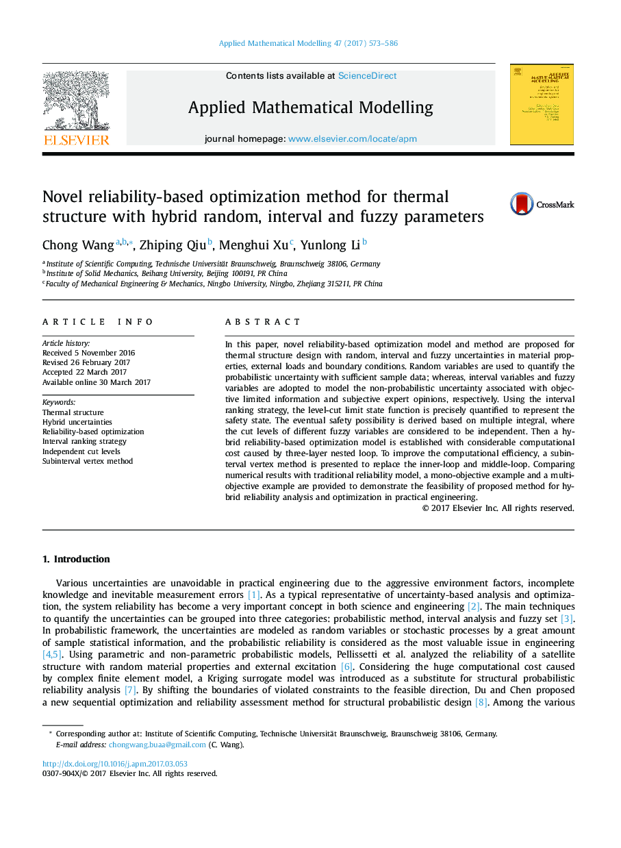 Novel reliability-based optimization method for thermal structure with hybrid random, interval and fuzzy parameters