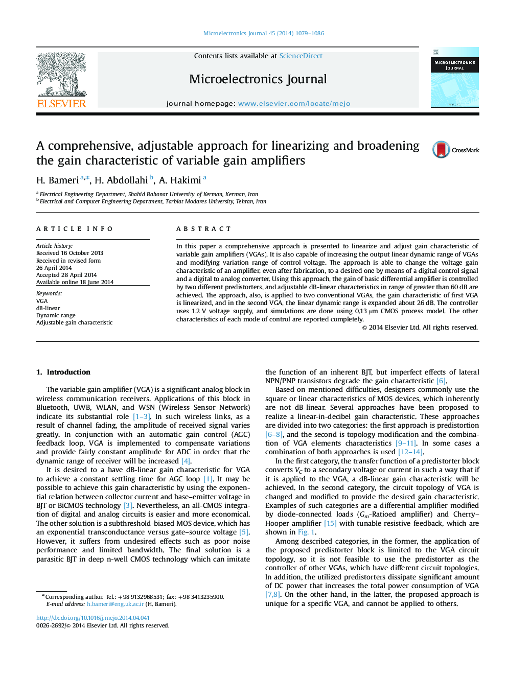 عکس صفحه اول مقاله: A comprehensive, adjustable approach for linearizing and broadening the gain characteristic of variable gain amplifiers A comprehensive, adjustable approach for linearizing and broadening the gain characteristic of variable gain amplifiers