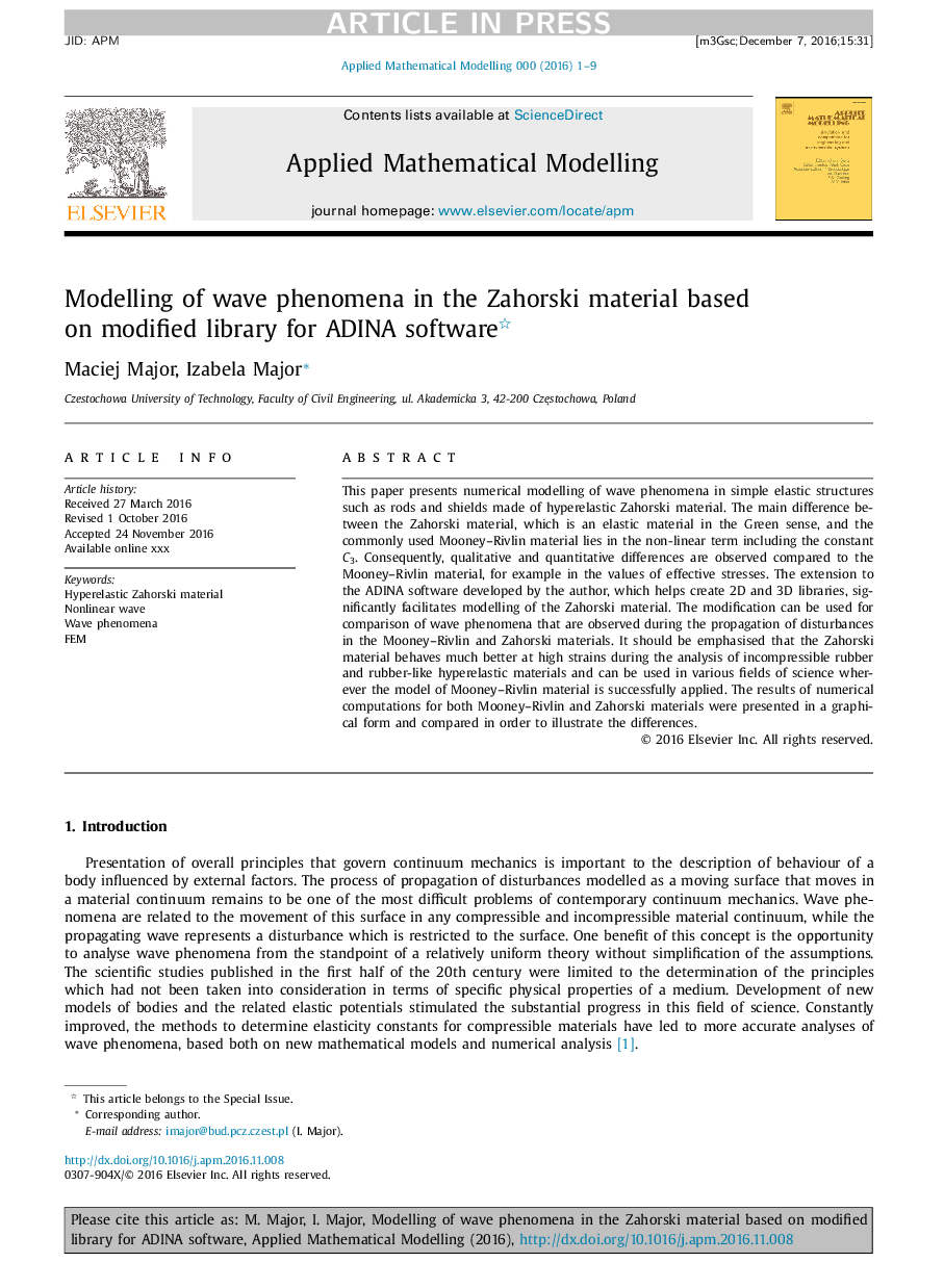 Modelling of wave phenomena in the Zahorski material based on modified library for ADINA software