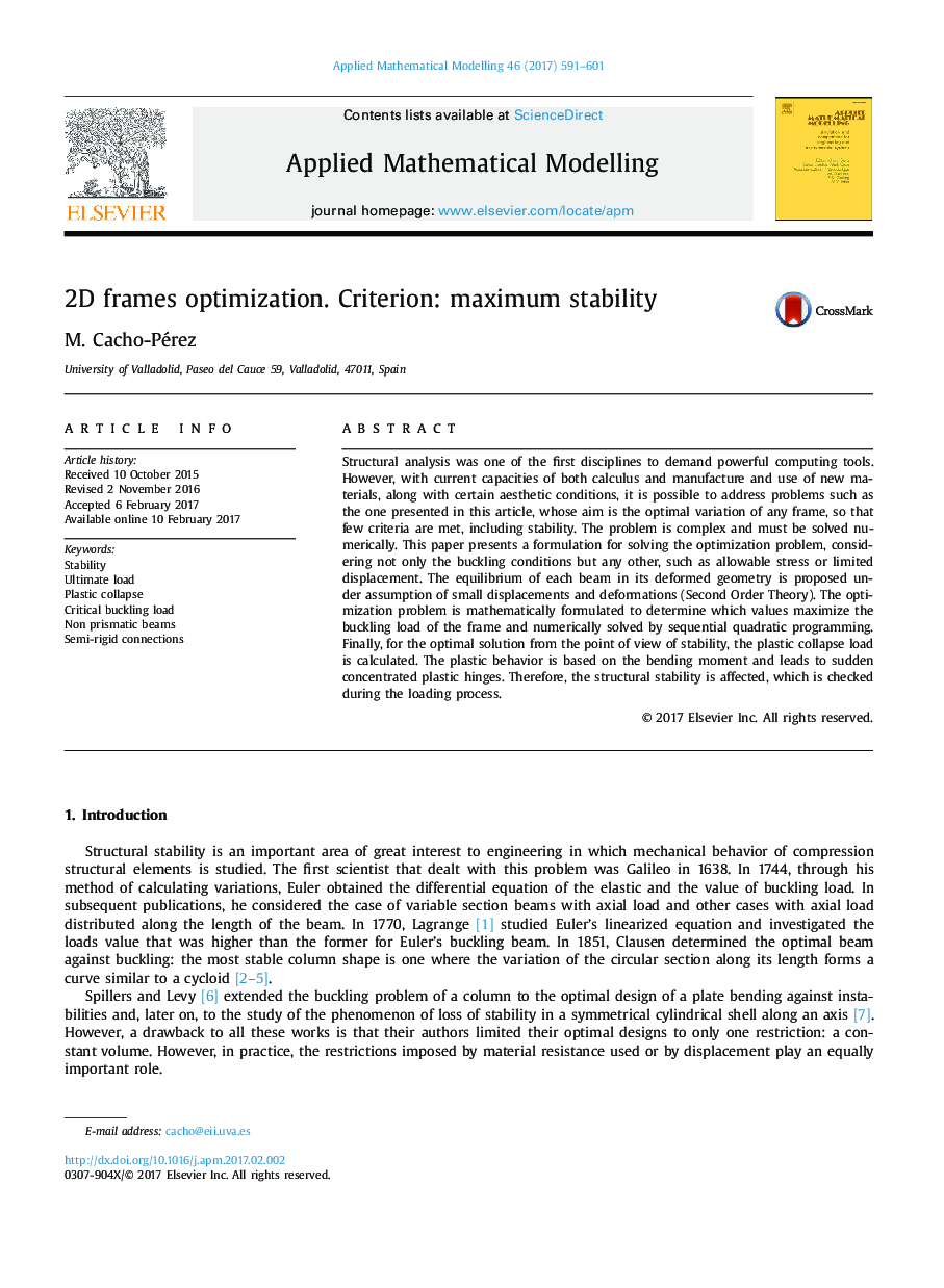 2D frames optimization. Criterion: maximum stability